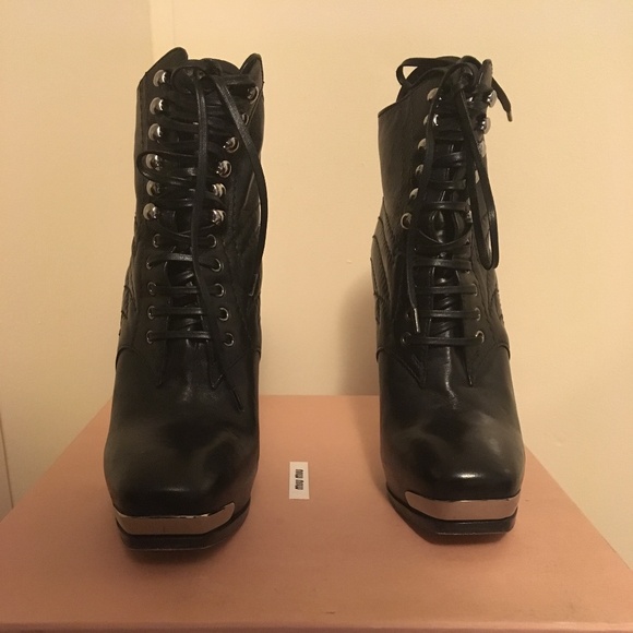 Miu Miu Black Leather Metallic Toe Ankle Platform Boots - Picture 2 of 6